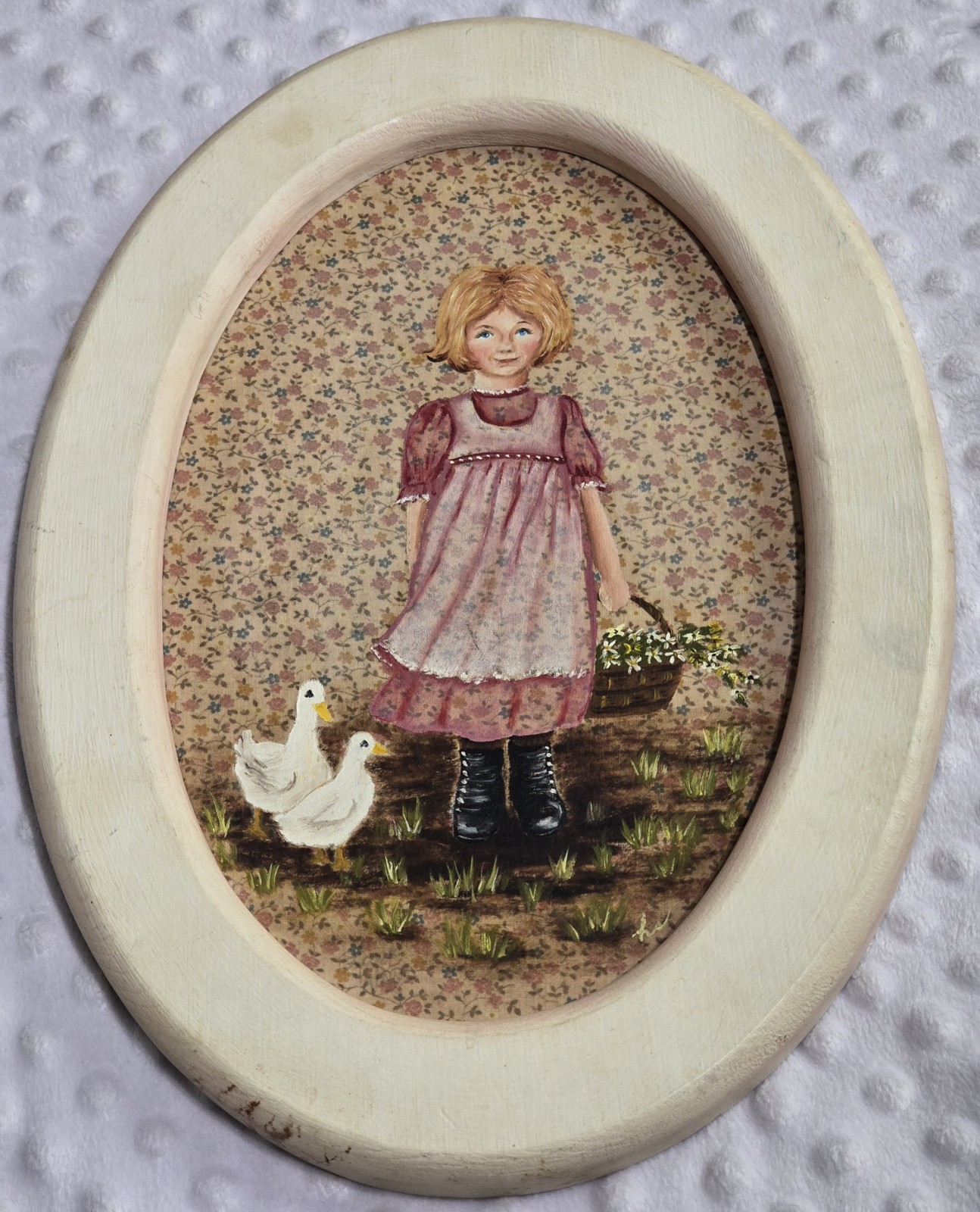 Vintage Oil On Wood Framed Prairie Girl With Geese Signed Cottagecore Painting