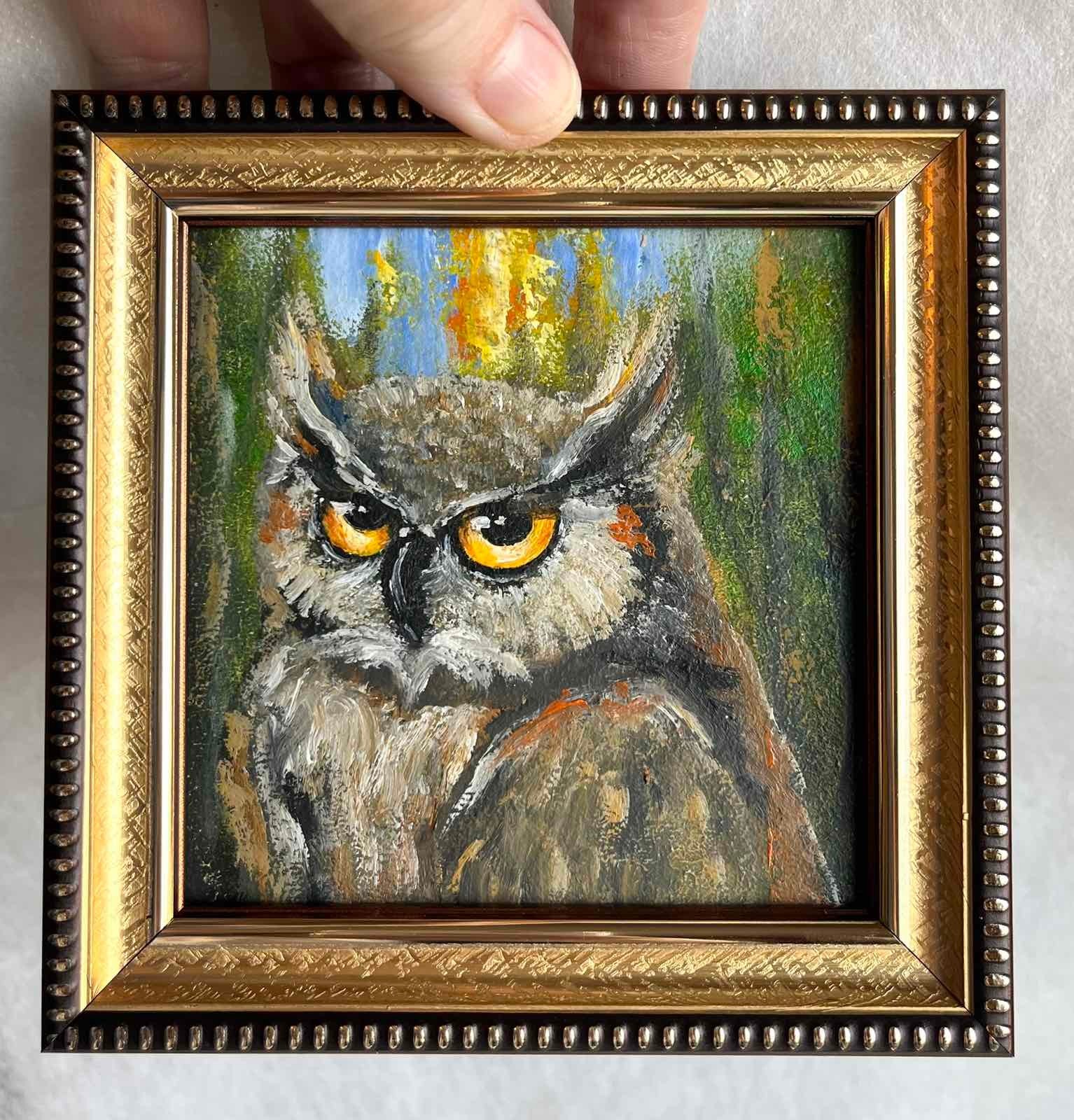 Original Oil Painting Forest Landscape Owl Eagle Eyes Small Wall Art 4 x 4 in