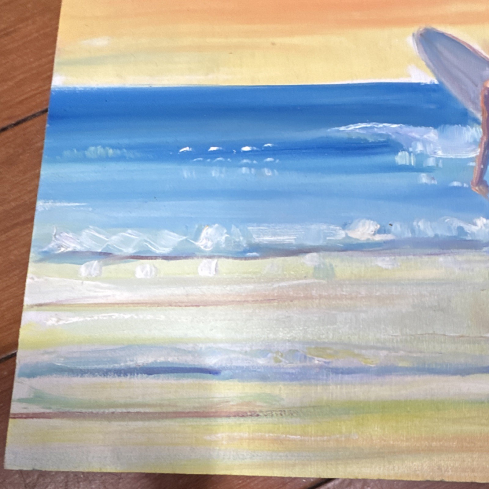 JJ Signed Original Painting Surfer Beach Seascape on Wood Panel, 7x8in