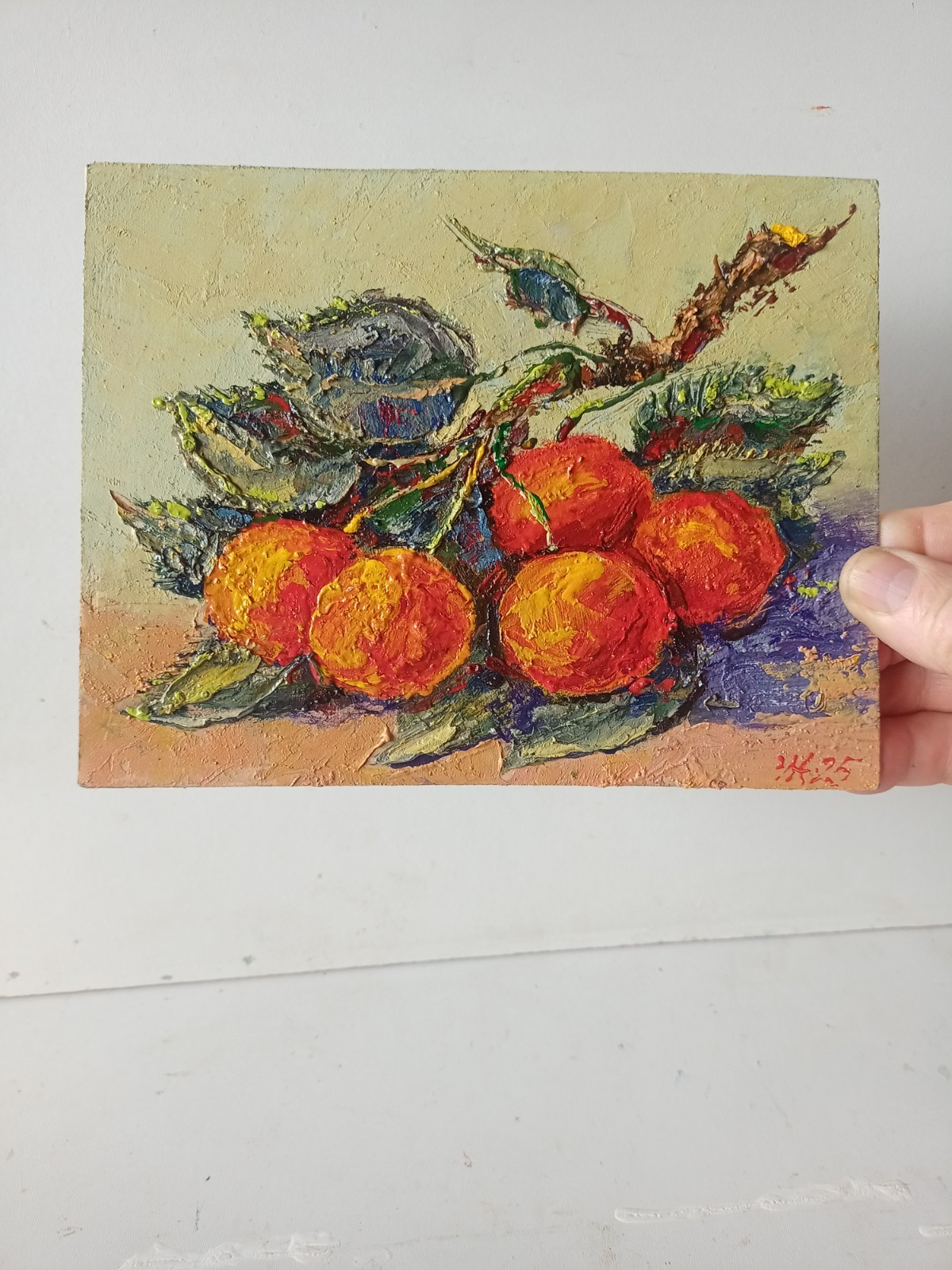 Cherries Impasto Painting Original Art Impression Oil Painting 6.1 x 7.8 in
