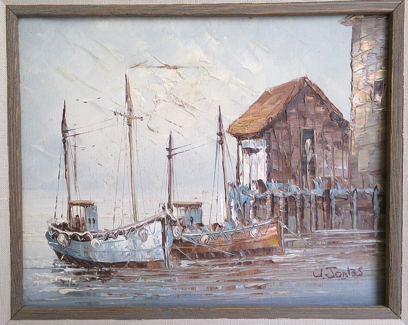 Vintage W. Jones Harbor Scene Fishing Boats Framed Oil Painting 15” X 13”