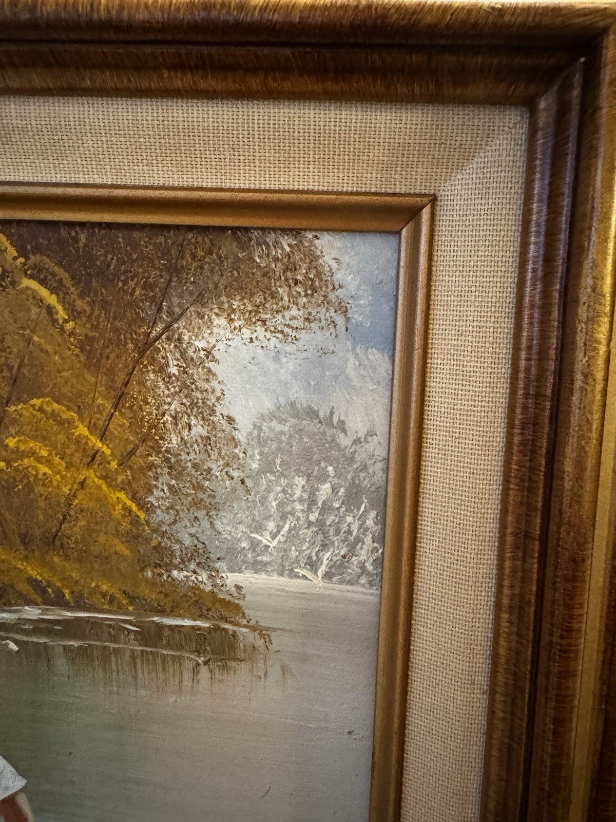 Signed Original Oil Painting Boy Fishing Landscape Wood Gold Frame Wall Art