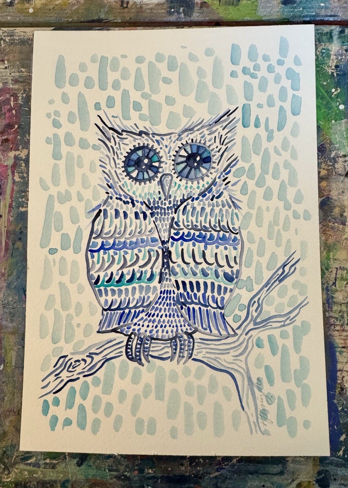 Blue Owl modern folk outsider original painting art watercolor