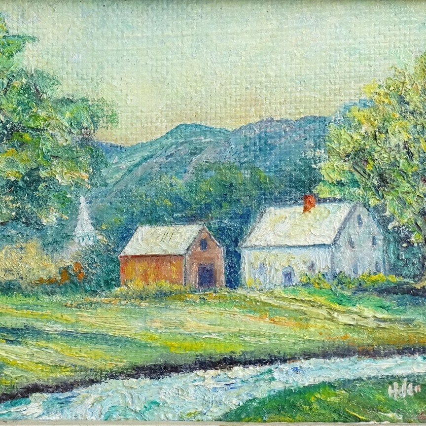 Vint Miniature Naive Landscape Oil Painting Farmhouse Barn Stream Signed 9.5×7.5