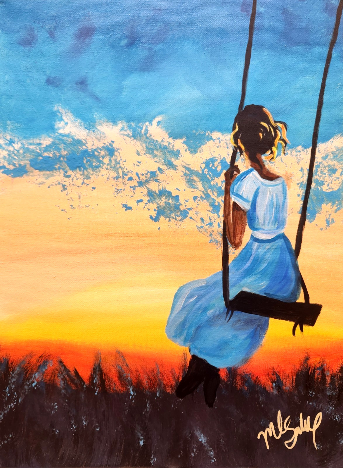 Girl on Swing Sunset Painting 12×16 Original Silhouette Wall Art Dreamy