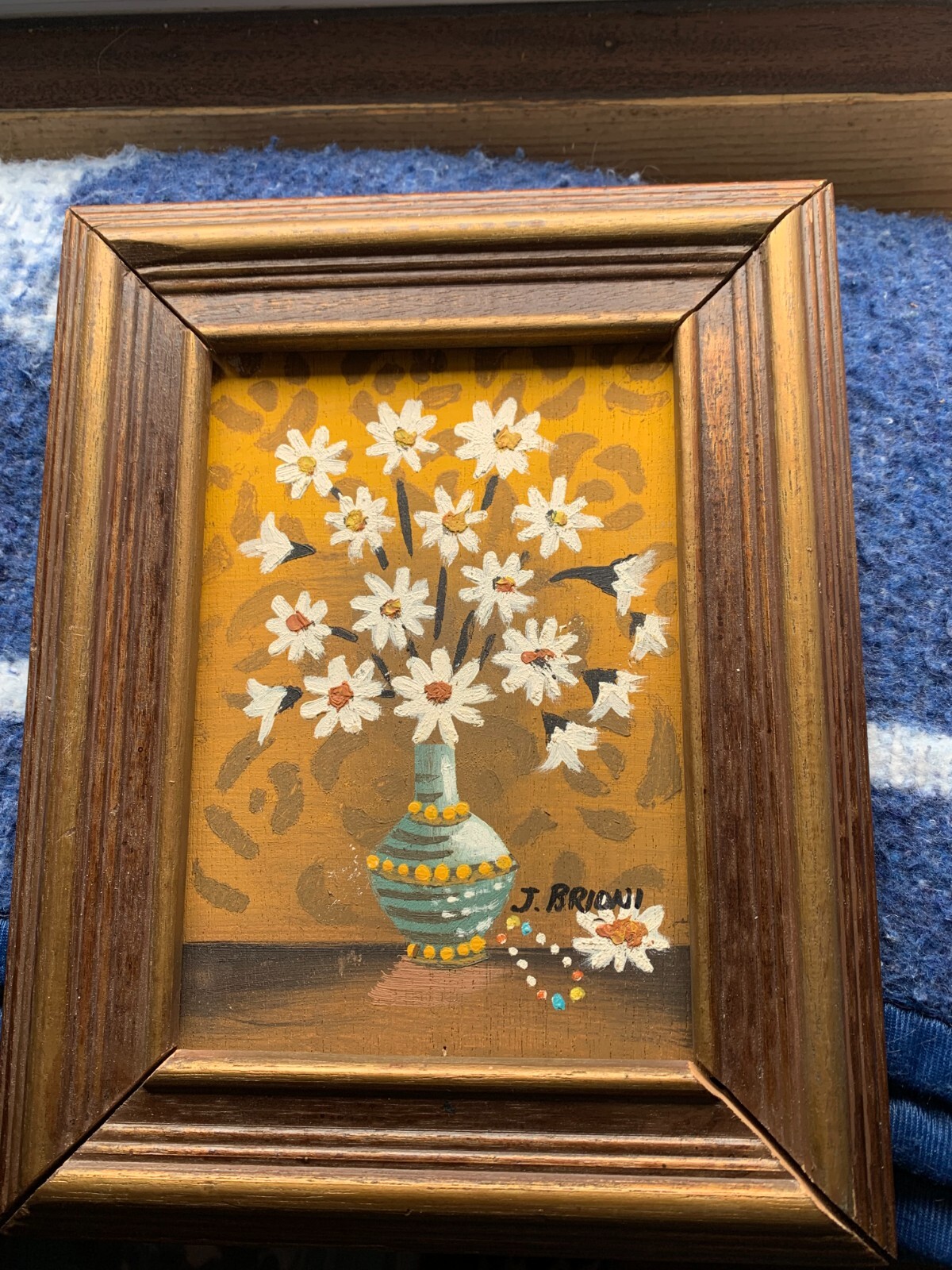 J. Brioni White Daisies in Vase signed/framed oil painting 7-3/4″ w x 9-3/4″ h.