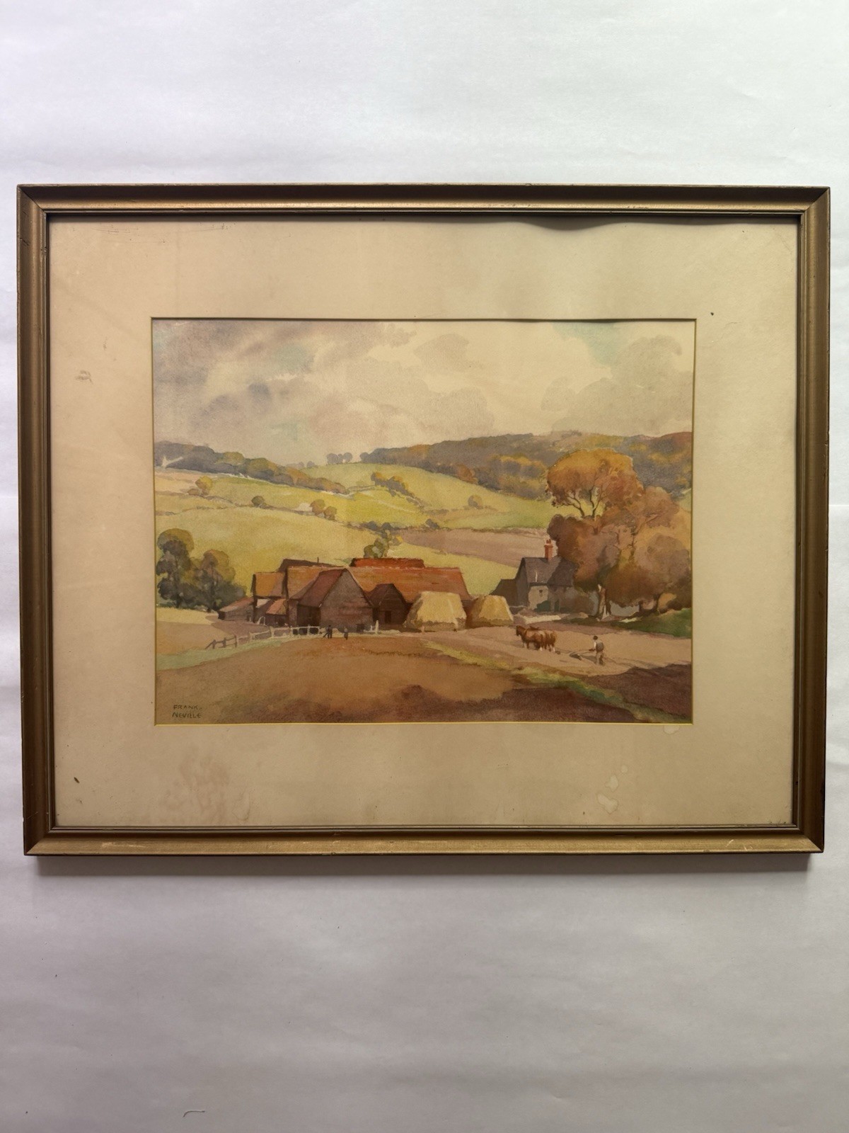 Signed Frank Neville English Countryside Watercolor Landscape Framed