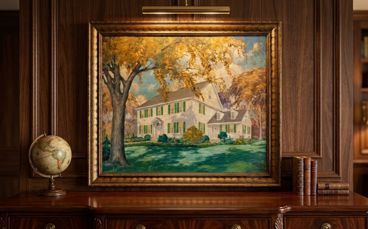 19th Century American Oil Painting, Buckman Tavern Lexington MA, Revolutionary W