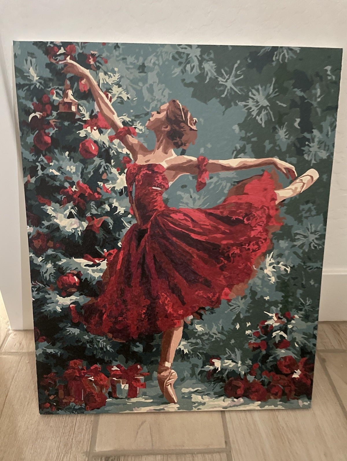 Ballerina in Red Dress Realism Painting on Canvas Dance Christmas Art framed