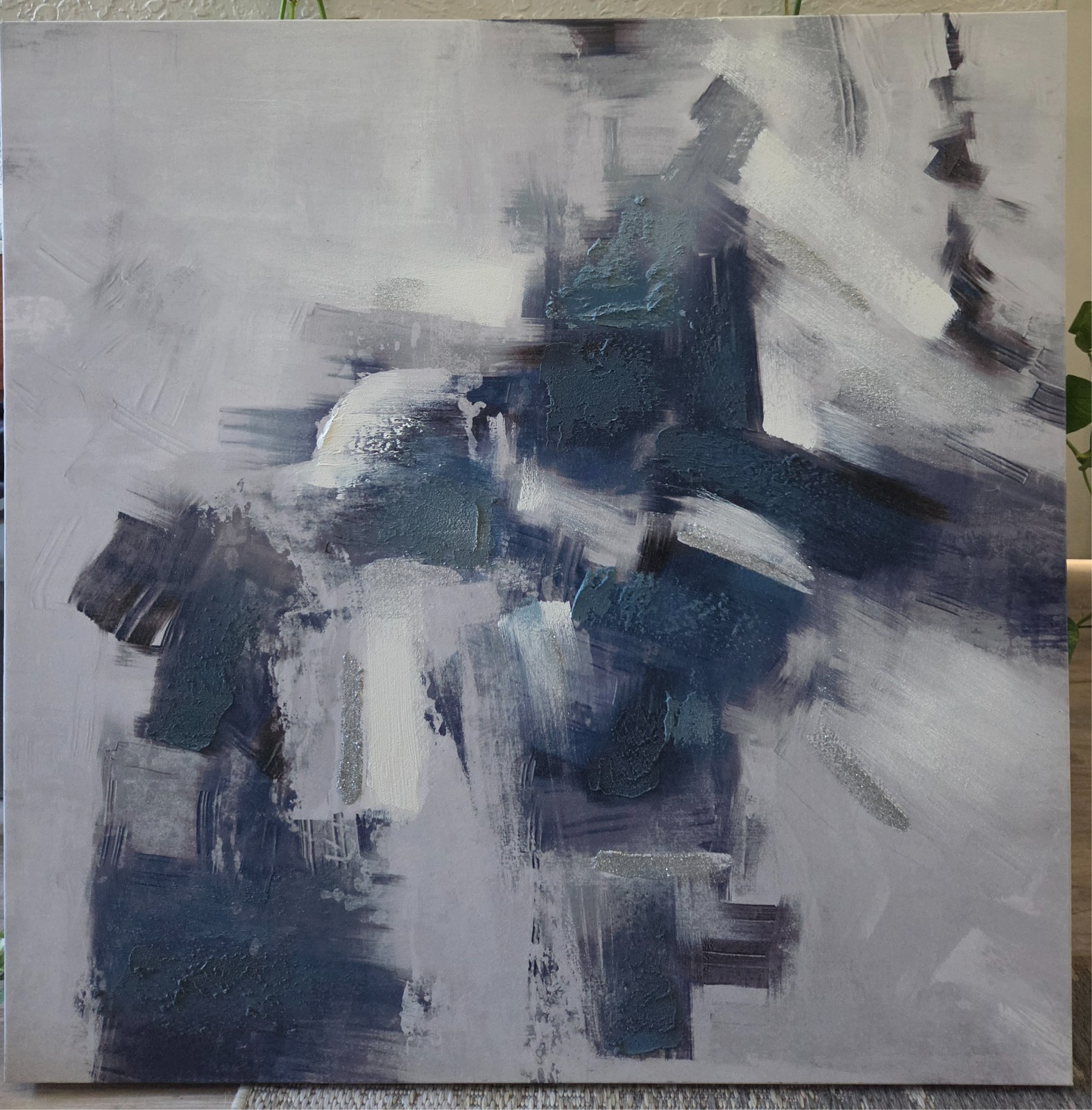 Contemporary Abstract canvas painting 31.5 x 31.5 shades of blue white and gray