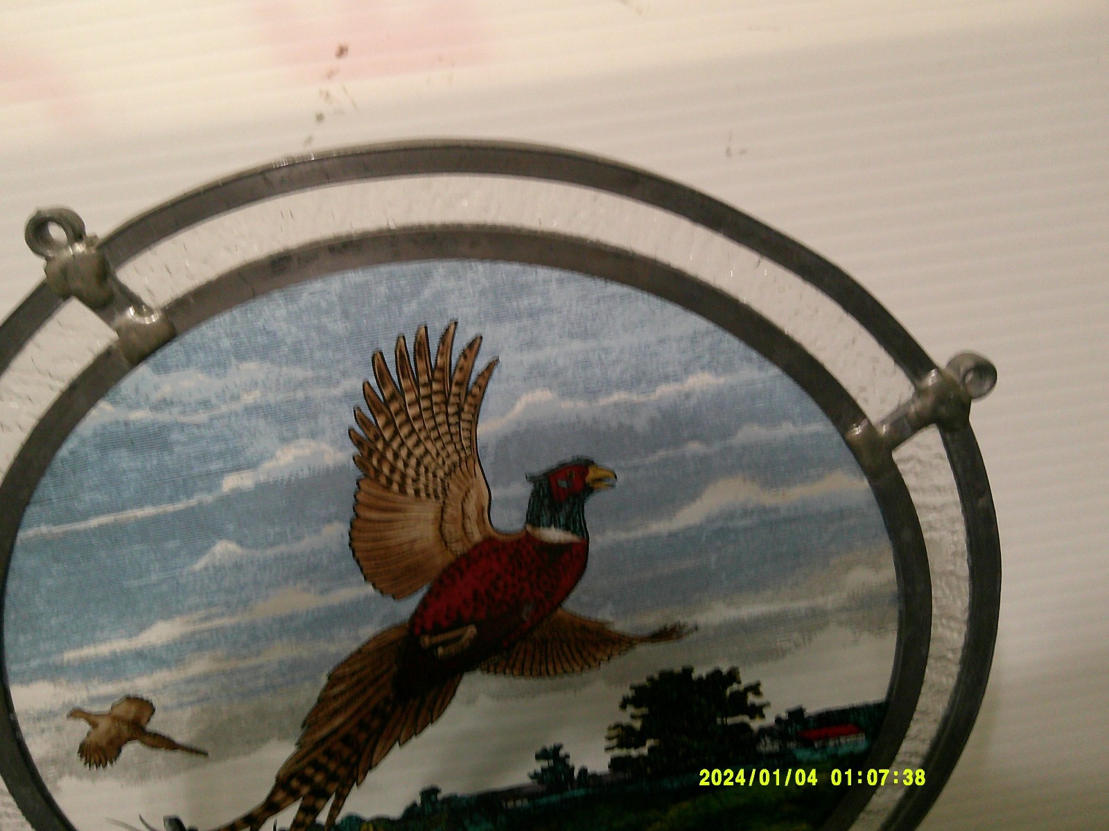 Reverse Painted LEADED Framed Glass PHEASANT ,, 8 1/2 INCHS,, STAND OR HANG,