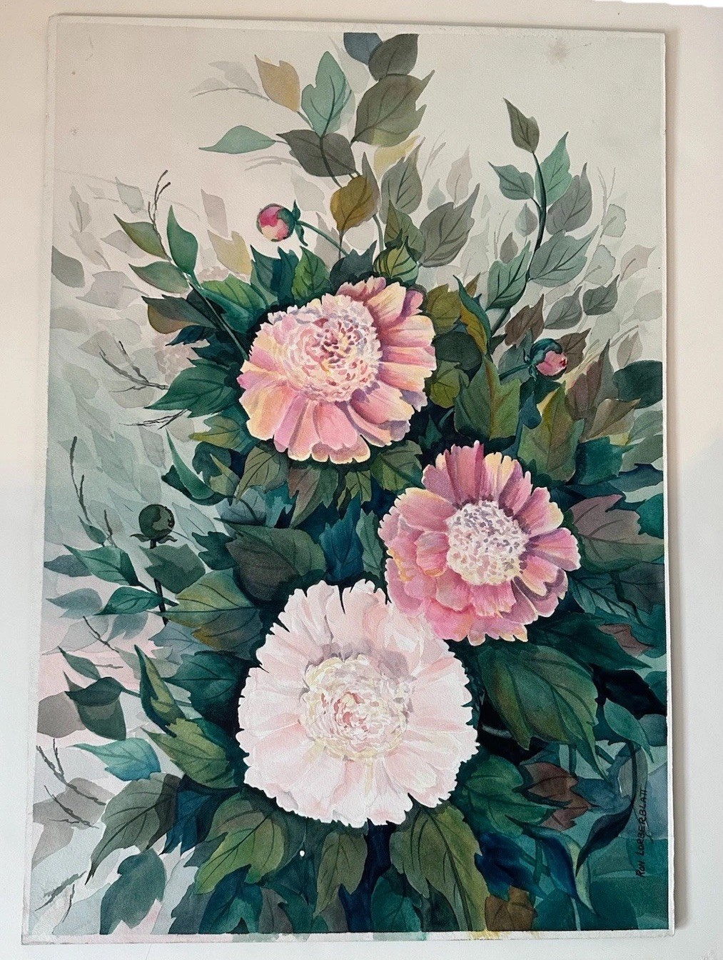 Vtg Pink Peonies Watercolor Painting Signed By Ron Lorberblatt OOAK Large Art