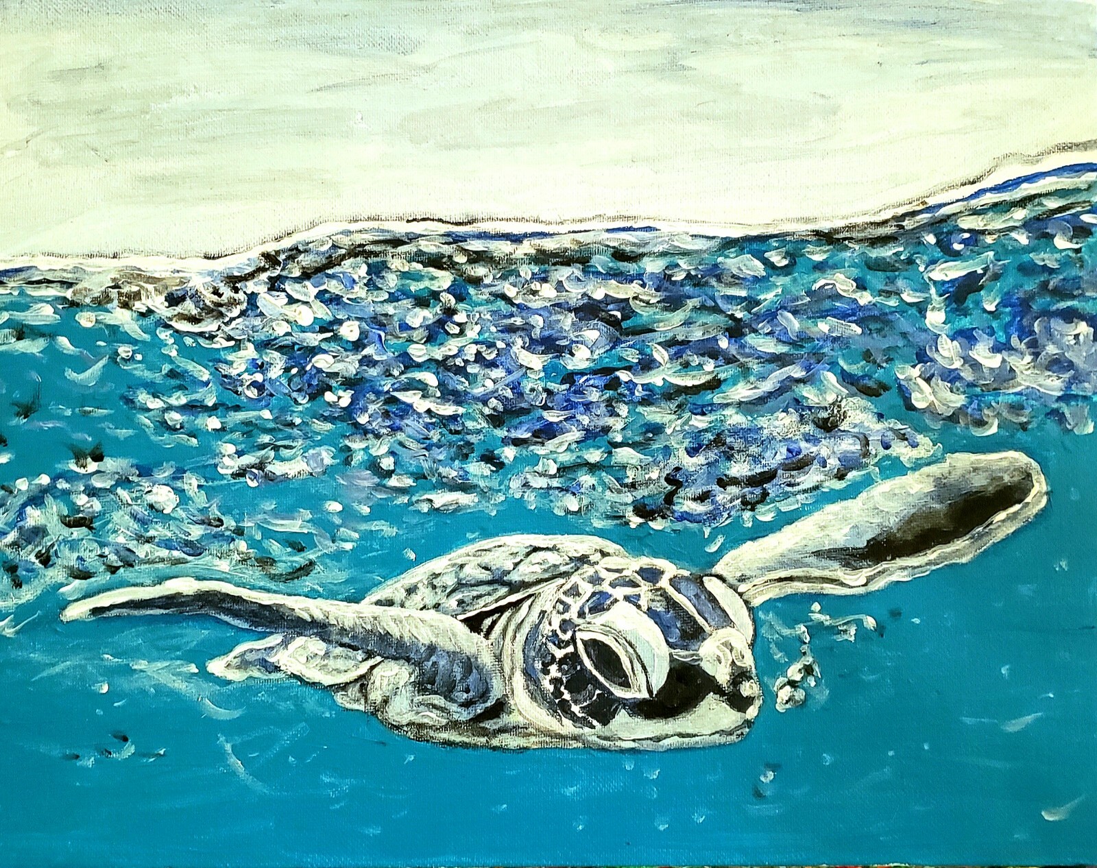 Sea Turtle Swimming In The Ocean. Original Painting. Acrylic Art 14×11
