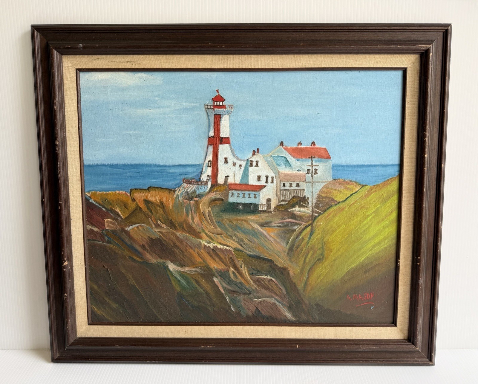 Vtg Original Framed Oil Painting Lighthouse By Ocean & Cliffs- Signed A. Mason