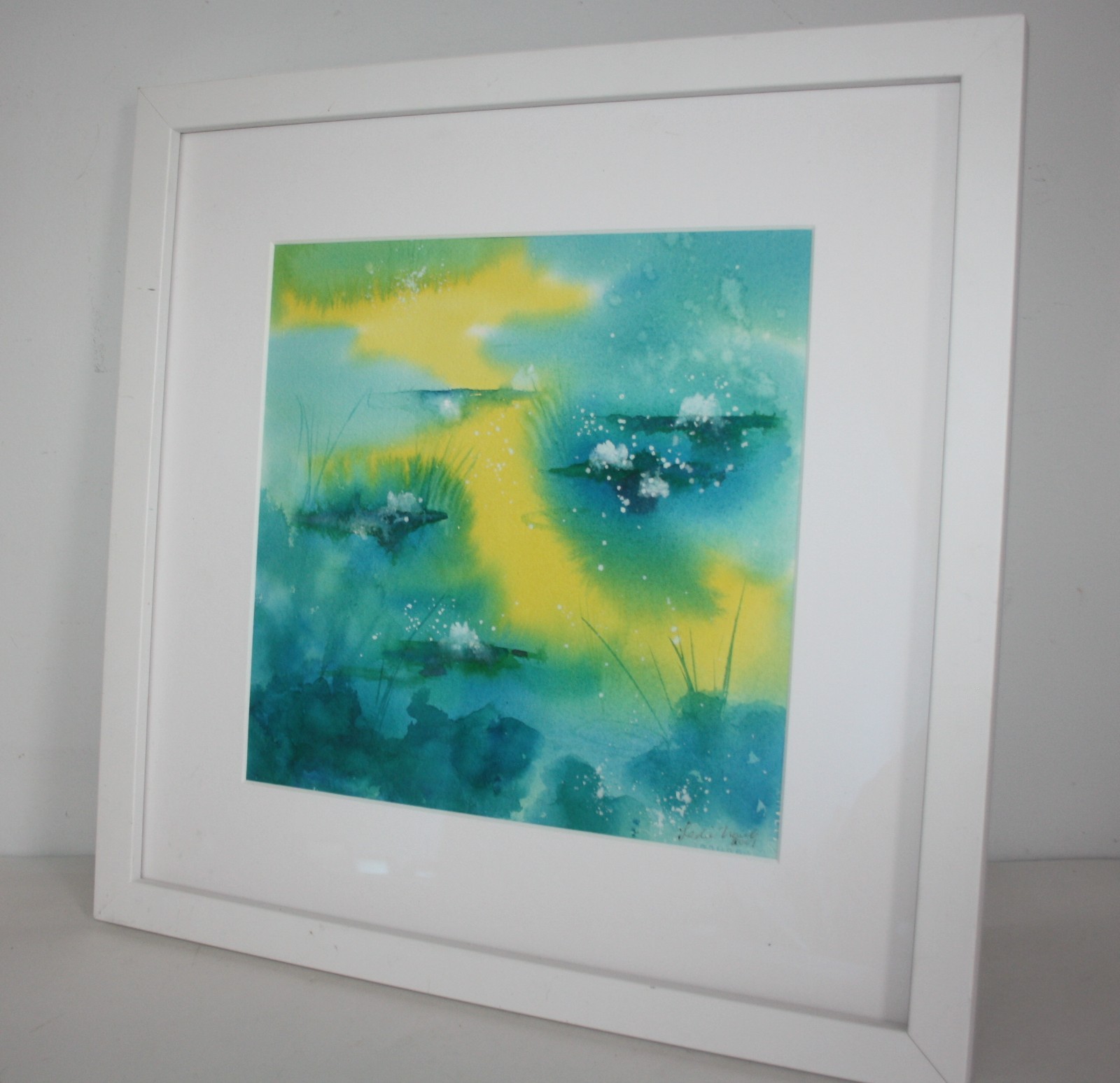 Signed Framed Watercolor Landscape Painting Abstract Sunrise Paradise