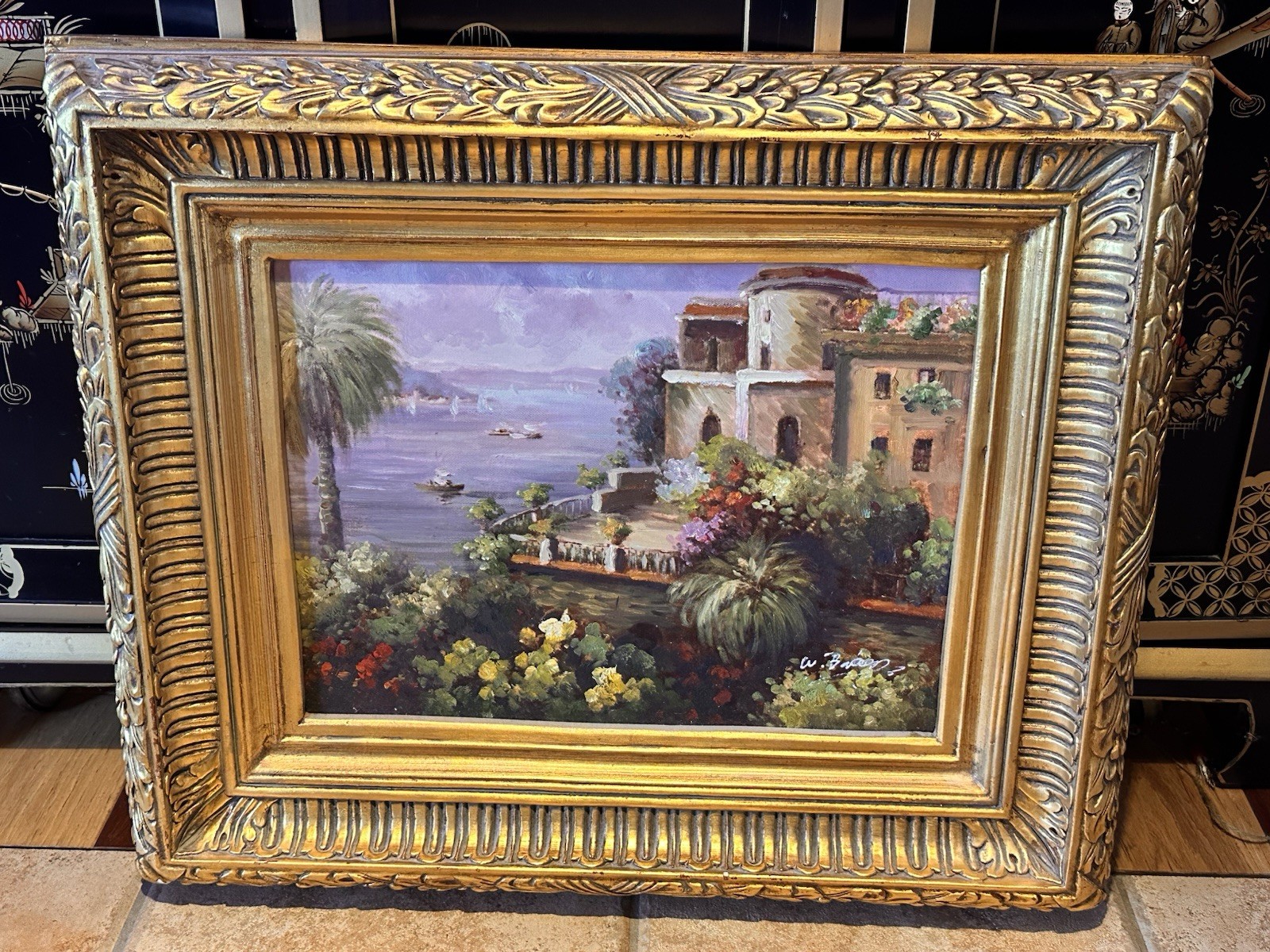 MEDITERRANEAN SEACAPE OIL PAINTING ART SIGNED GOLD WOOD FRAME 24″ * 20″ EUC