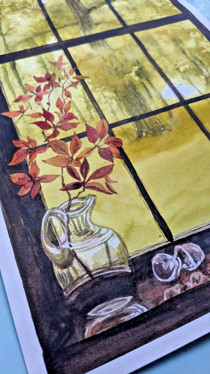 Autumn Leaves Fall Branches Rustic Watercolor Painting Farmhouse Garden Art