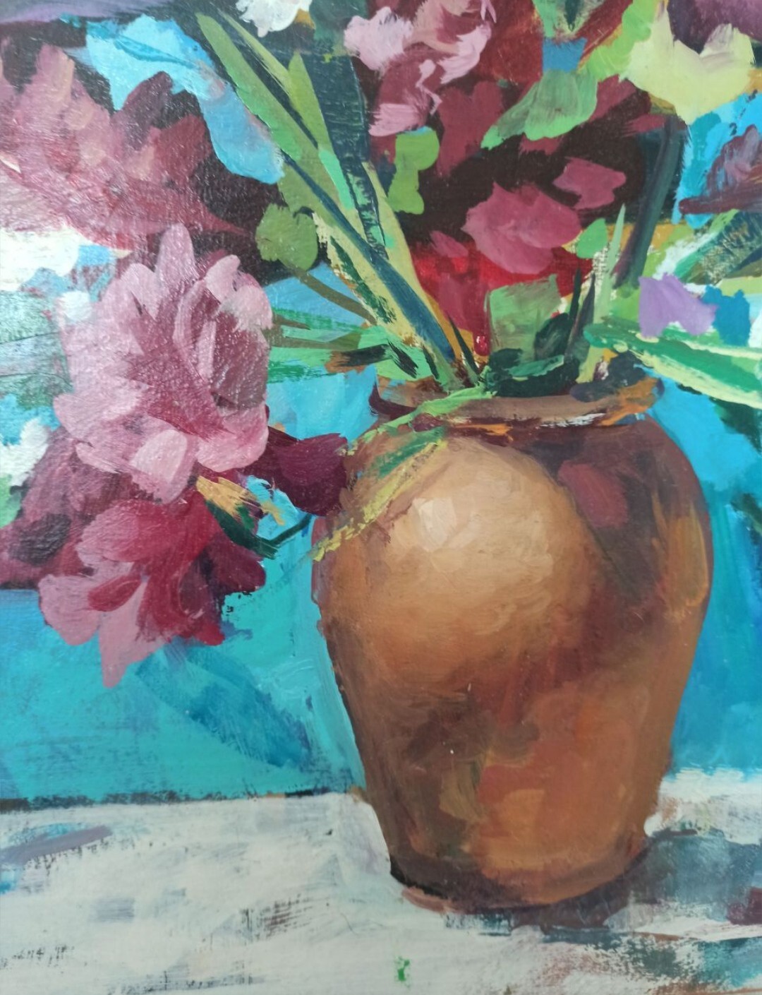 ORIGINAL Painting on canvas Bouquet of Irises Realism 19.68/15.74 inch