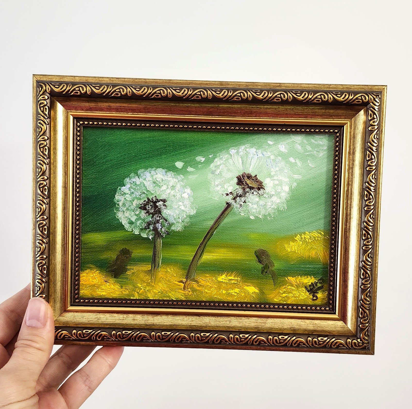 Framed Original Oil Painting Dandelions Painting Size 5×7 Signed OOAK Gift Ready