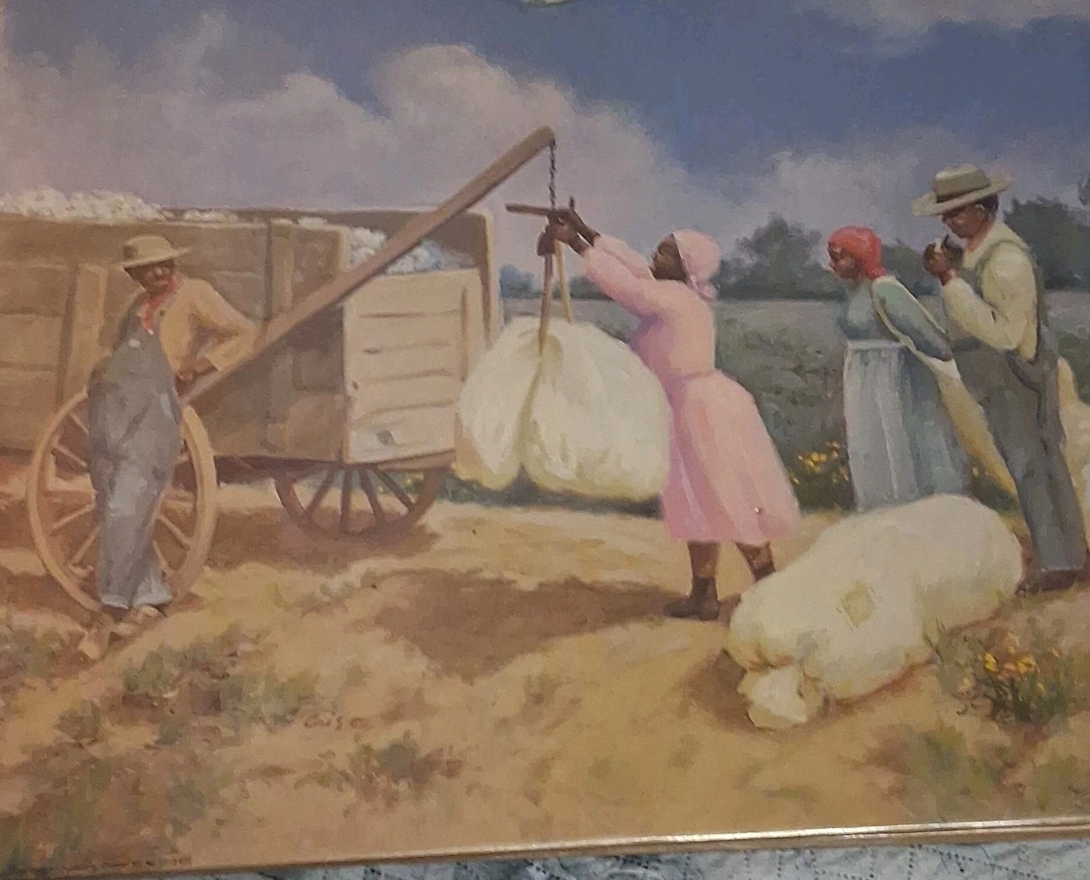 Arise Signed Realism Painting Cotton Harvest Figures Wagon, Medium Unframed