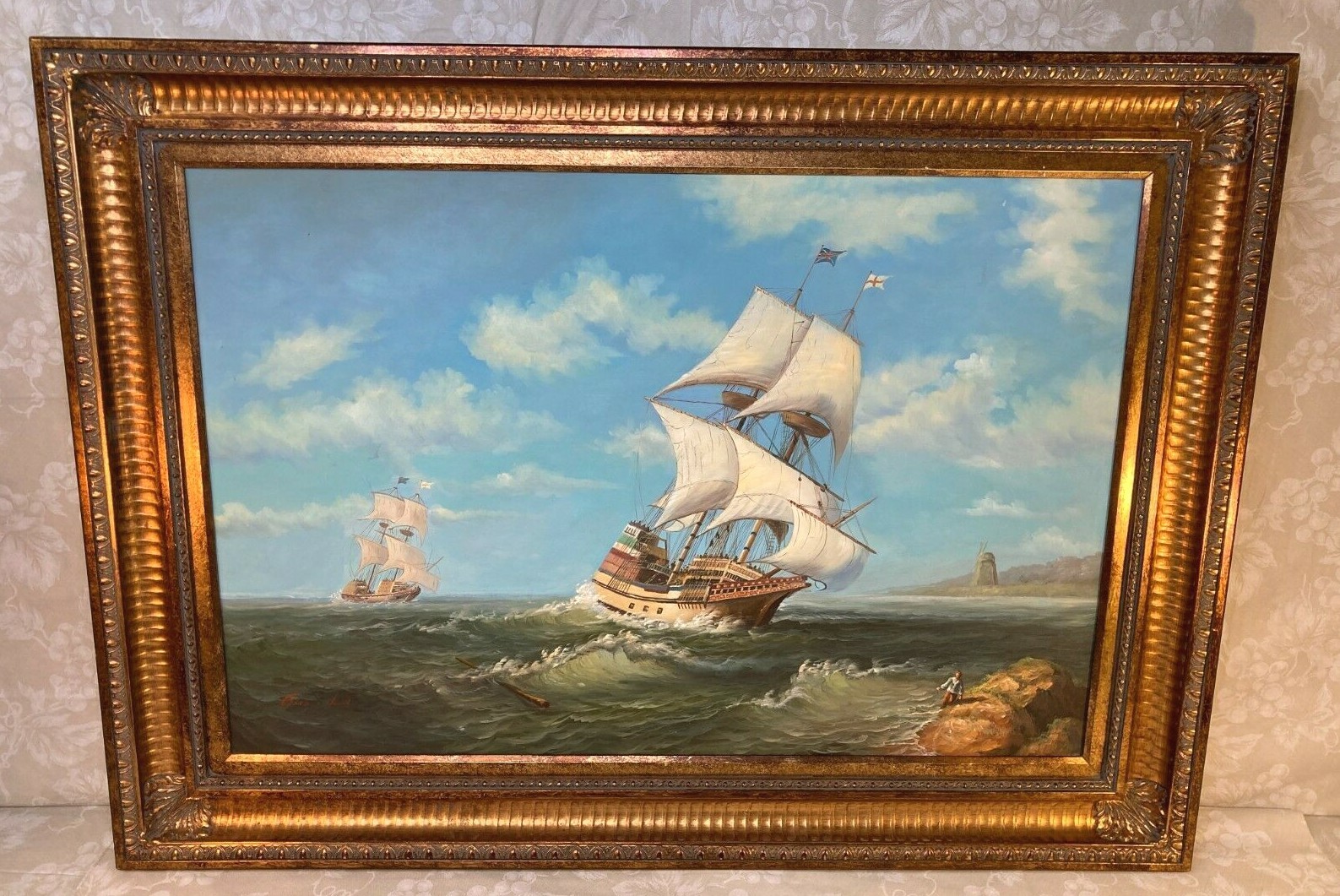 Gus Lu Oil Painting of Two Sailing Ships Windmill in Background Canvas on Frame