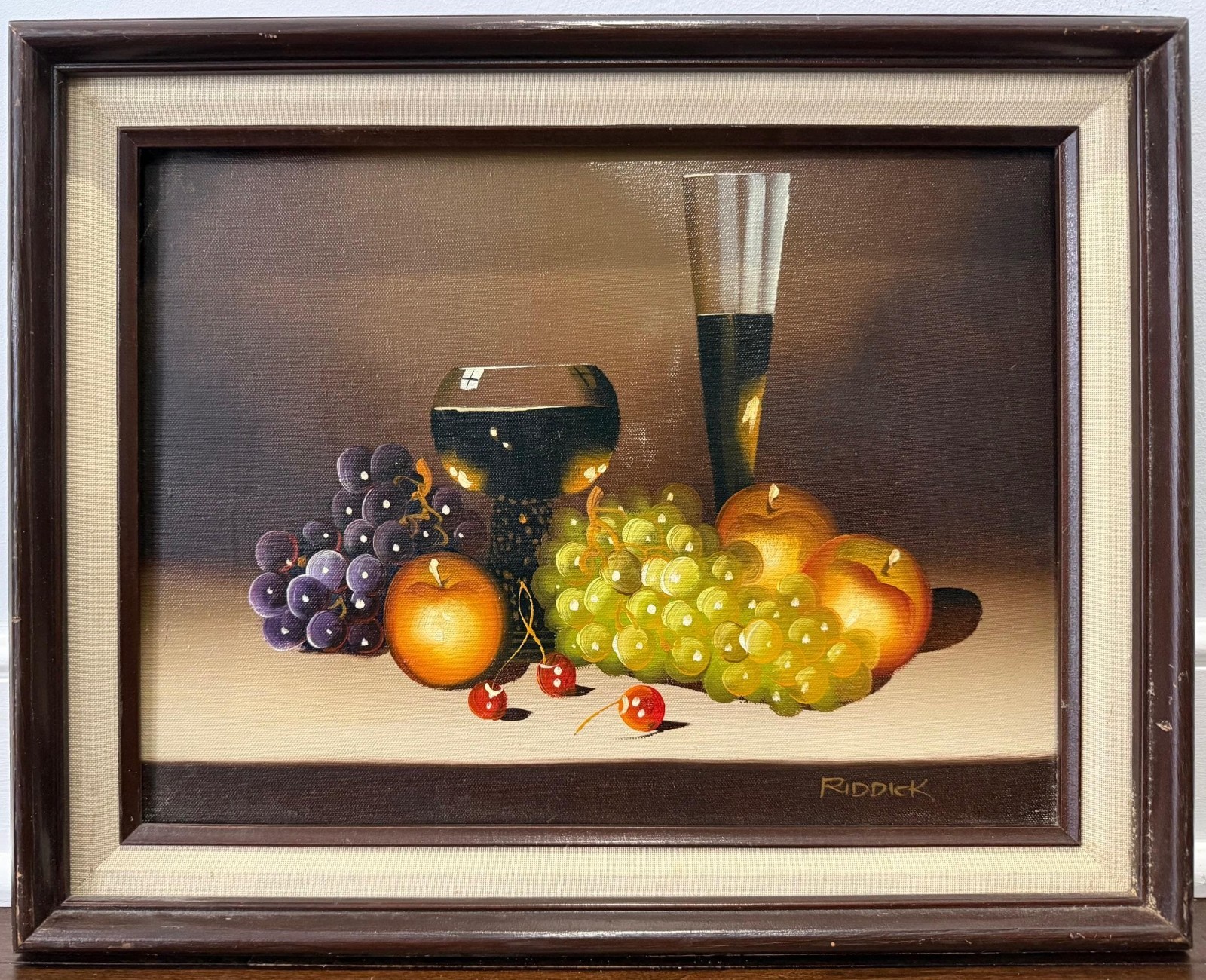 Original Still Life Oil Painting Grapes Wine Glass Signed Riddick Framed Dining