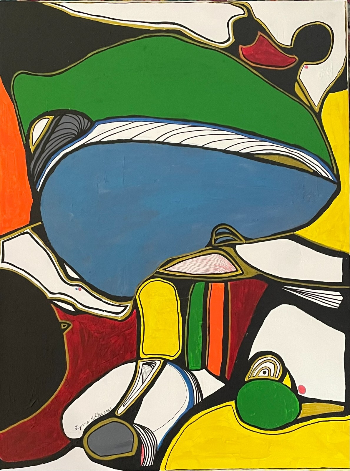 Original 18×24″ abstract colorful modern line detail painting by Lynne Kohler