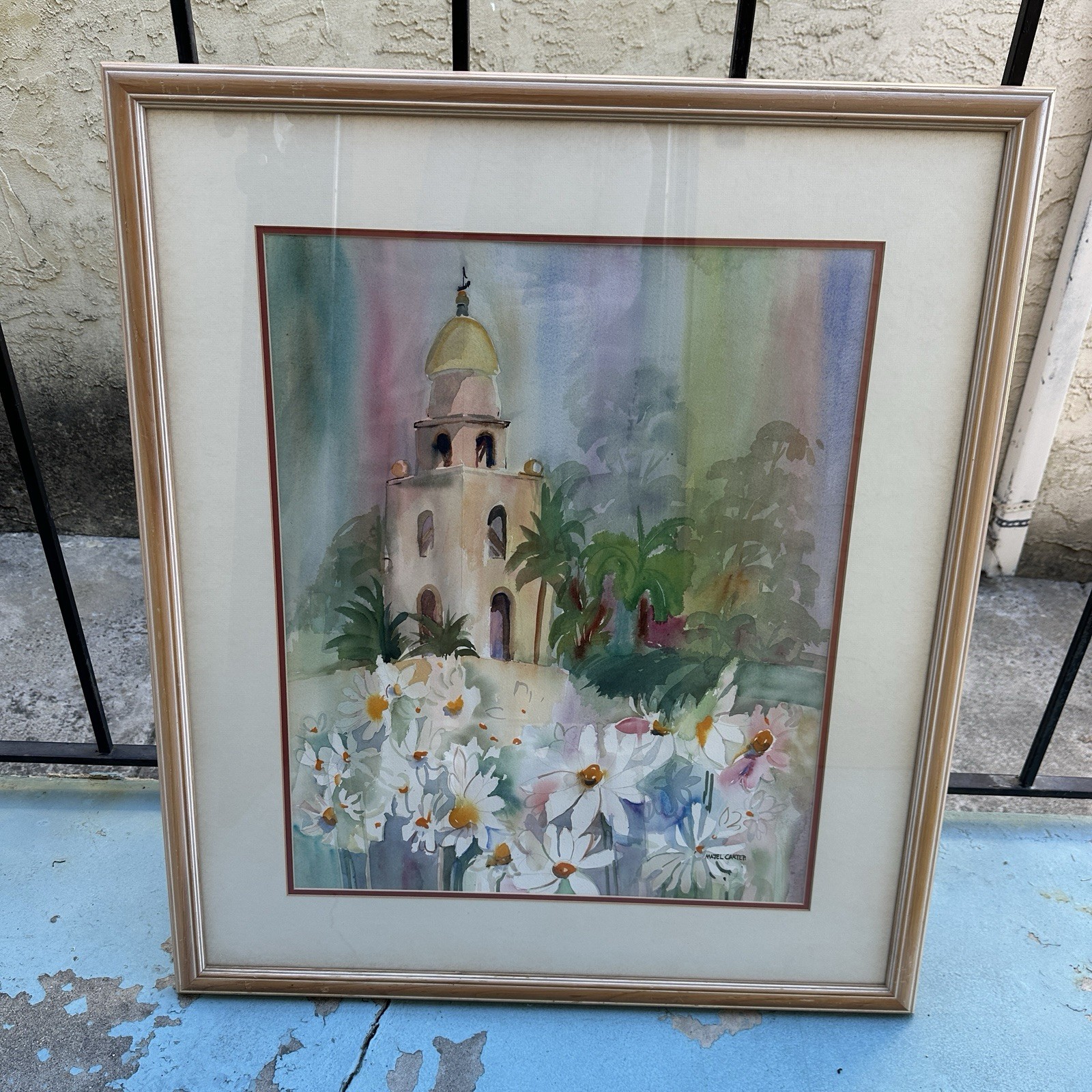 Majel Carter Original Watercolor Framed 29×34 Spanish Tower Daisies Floral Art