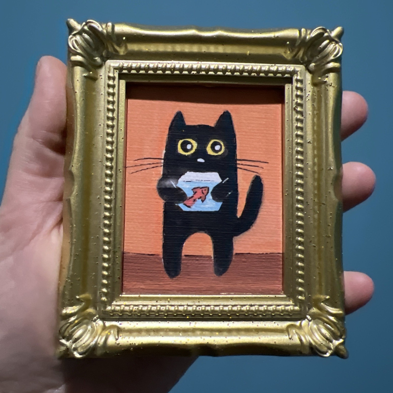 Print Of My Art Black Cat And Fish Funny cute,miniature Painting,small, framed
