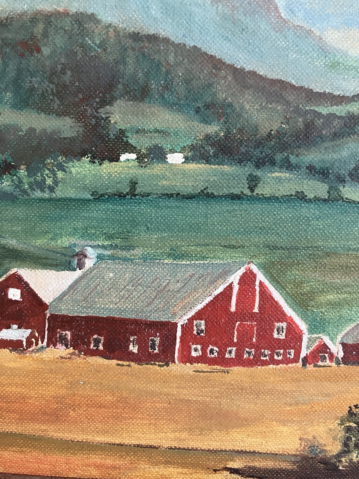 Vintage 50s Framed Primitive Folk Art Farm Barn Landscape Oil Painting 10×13