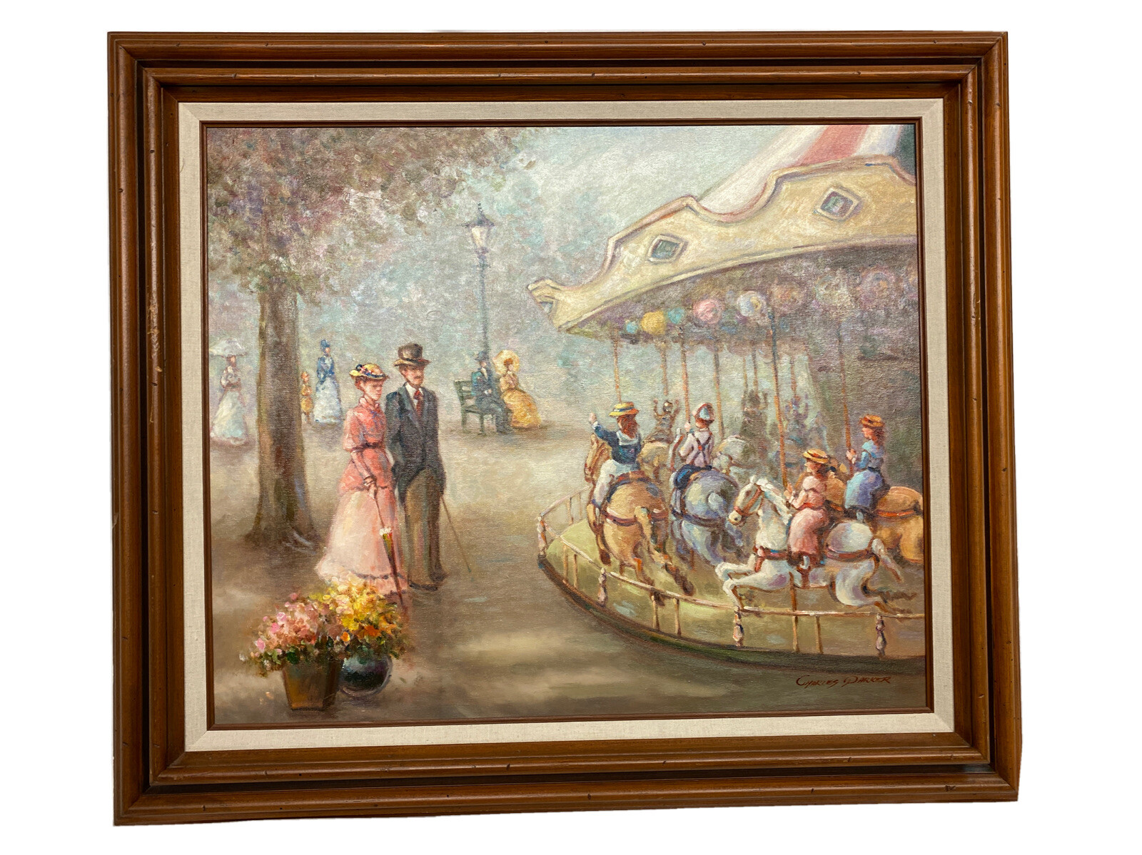 Framed 30”x 26” Original Painting on Canvas-Charles Parker-Carousel in the Park