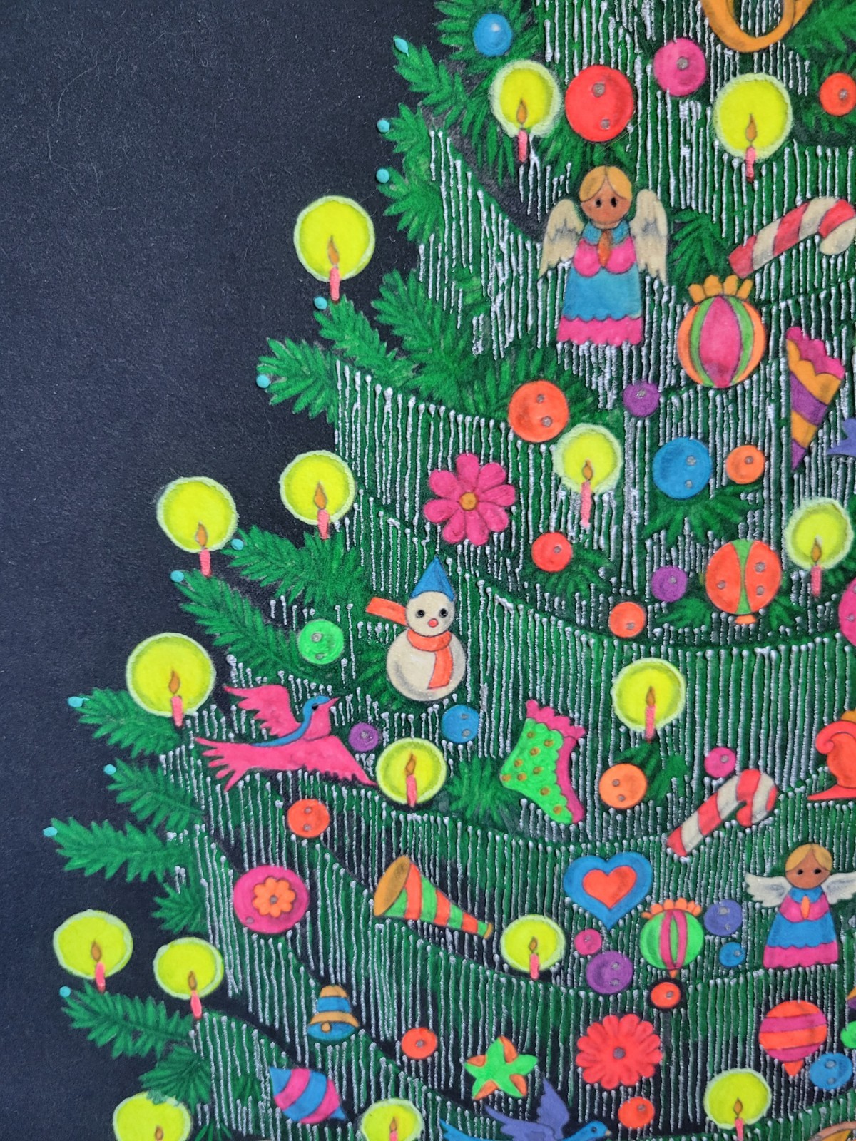Large Vintage Day-Glo Christmas Tree Painting on Black Velvet UV Light GLOWS