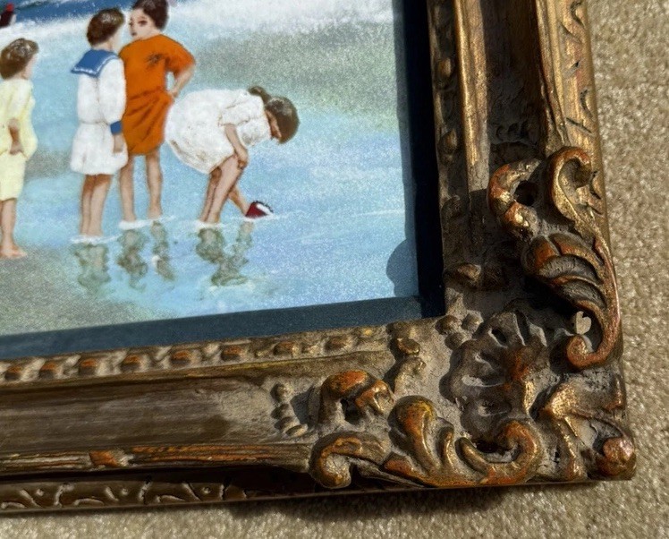 Girls On Summer Beach Signed French Impressionist On Copper Enamel Painting