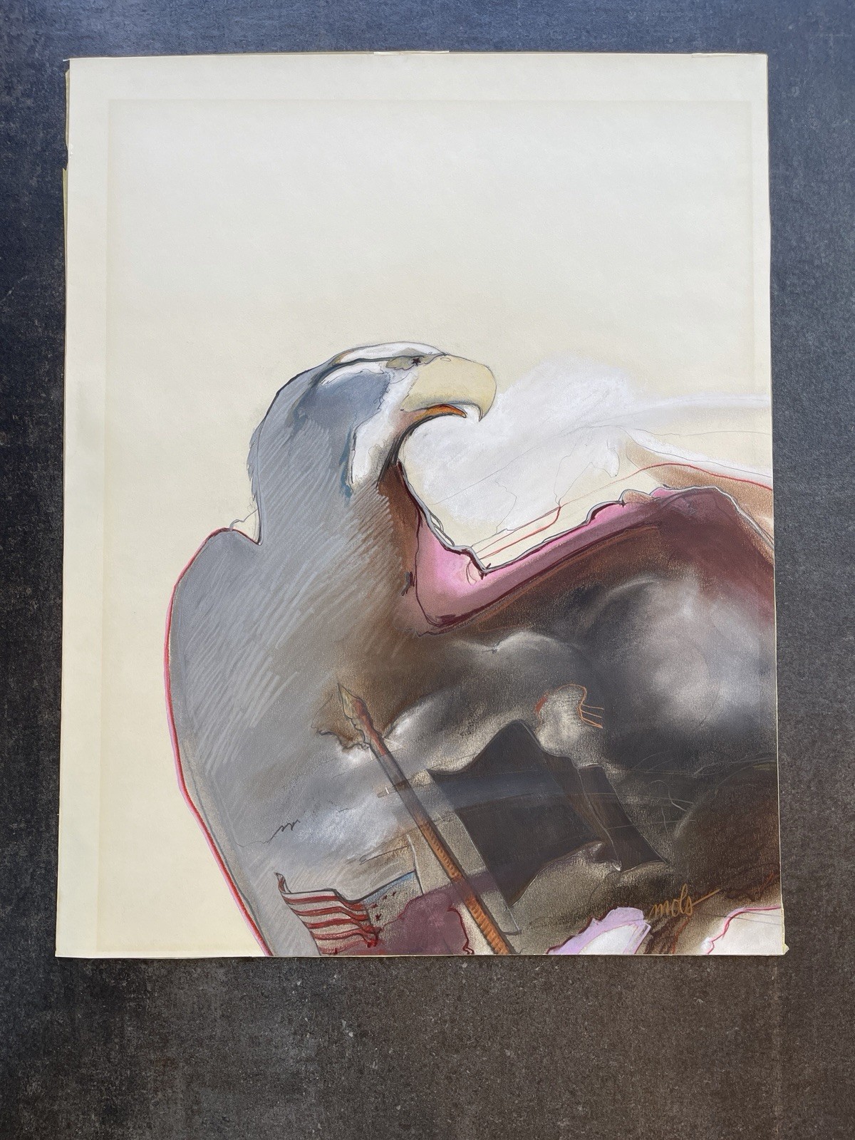 Robin Mols Original Mixed Media Painting Eagle American Flag Signed