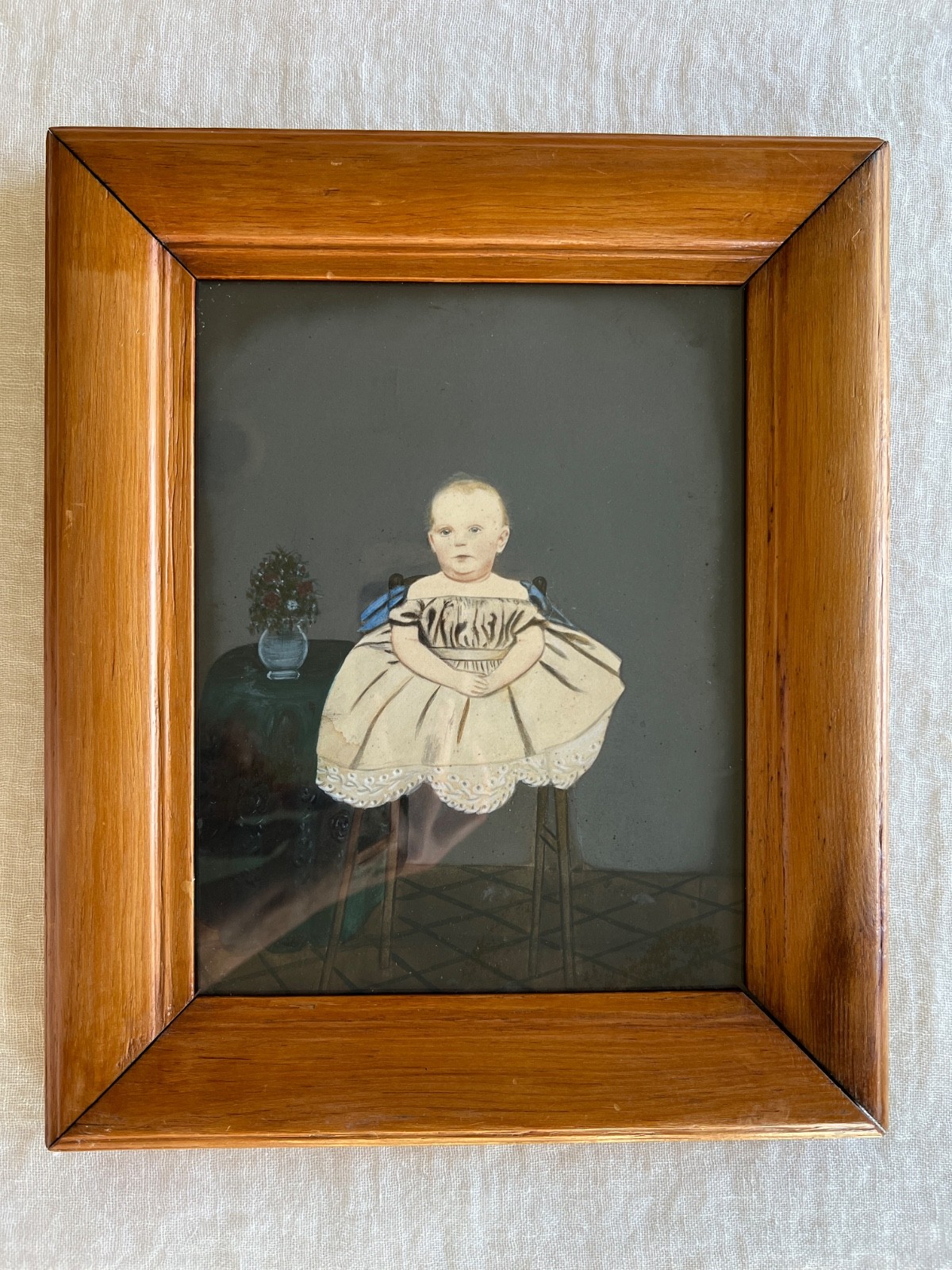 Antique 19thC Folk Art Baby Portrait Watercolor on Paper Original Frame c1850s