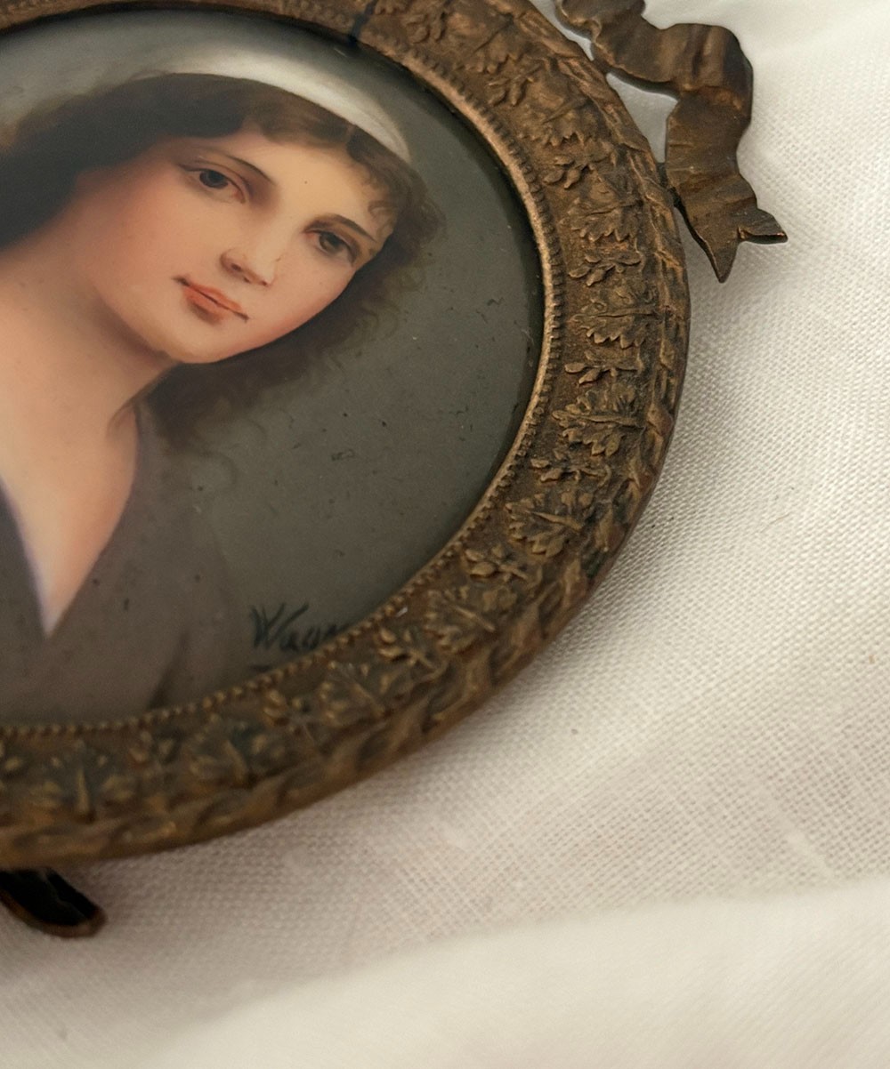 19th C. Miniature Portrait of Ruth on Porcelain, Signed Wagner, Ornate Frame