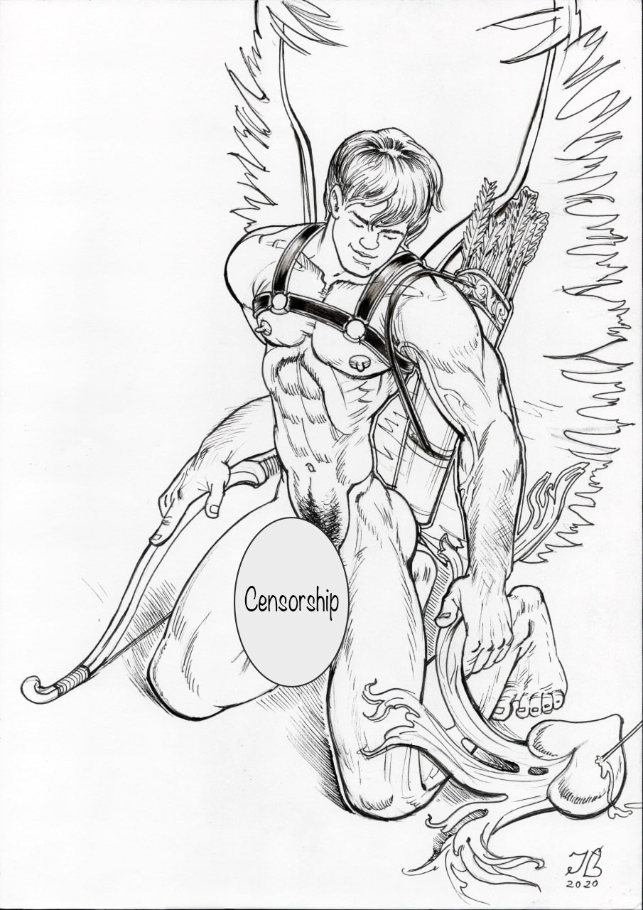 Gay Art original painting «Cupid and the heart » (parody, humor)16,5 * 11,6 in.