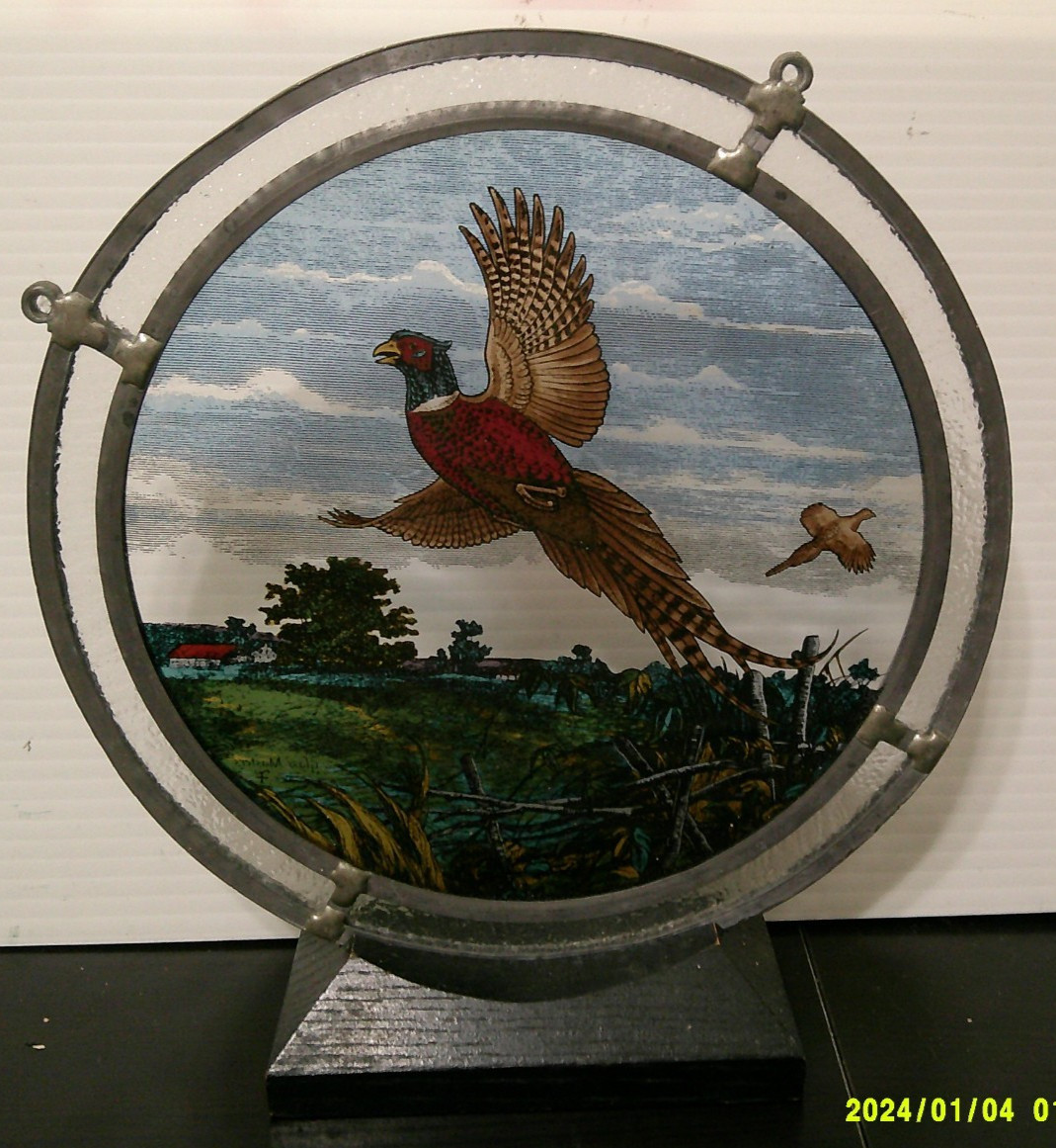 Reverse Painted LEADED Framed Glass PHEASANT ,, 8 1/2 INCHS,, STAND OR HANG,