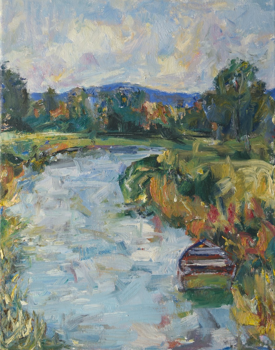 Art Orig Oil Painting by RM Mortensen «Green River» Country Rural Boat 14″ x 11″