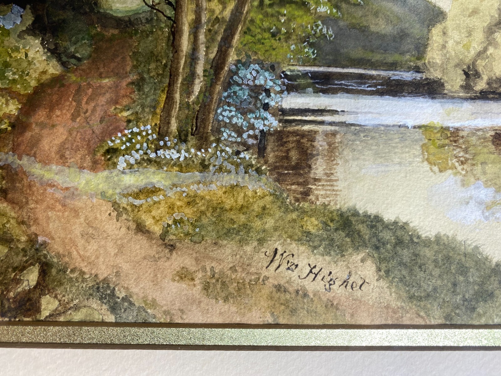 Antique W Higher «River Landscape Scene» Watercolor Painting – Signed And Framed