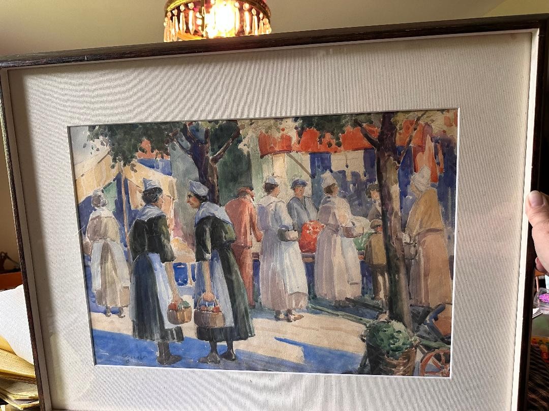 Antique Albert Van Nesse Greene (American 1887 – 1971) Parisian Market Painting