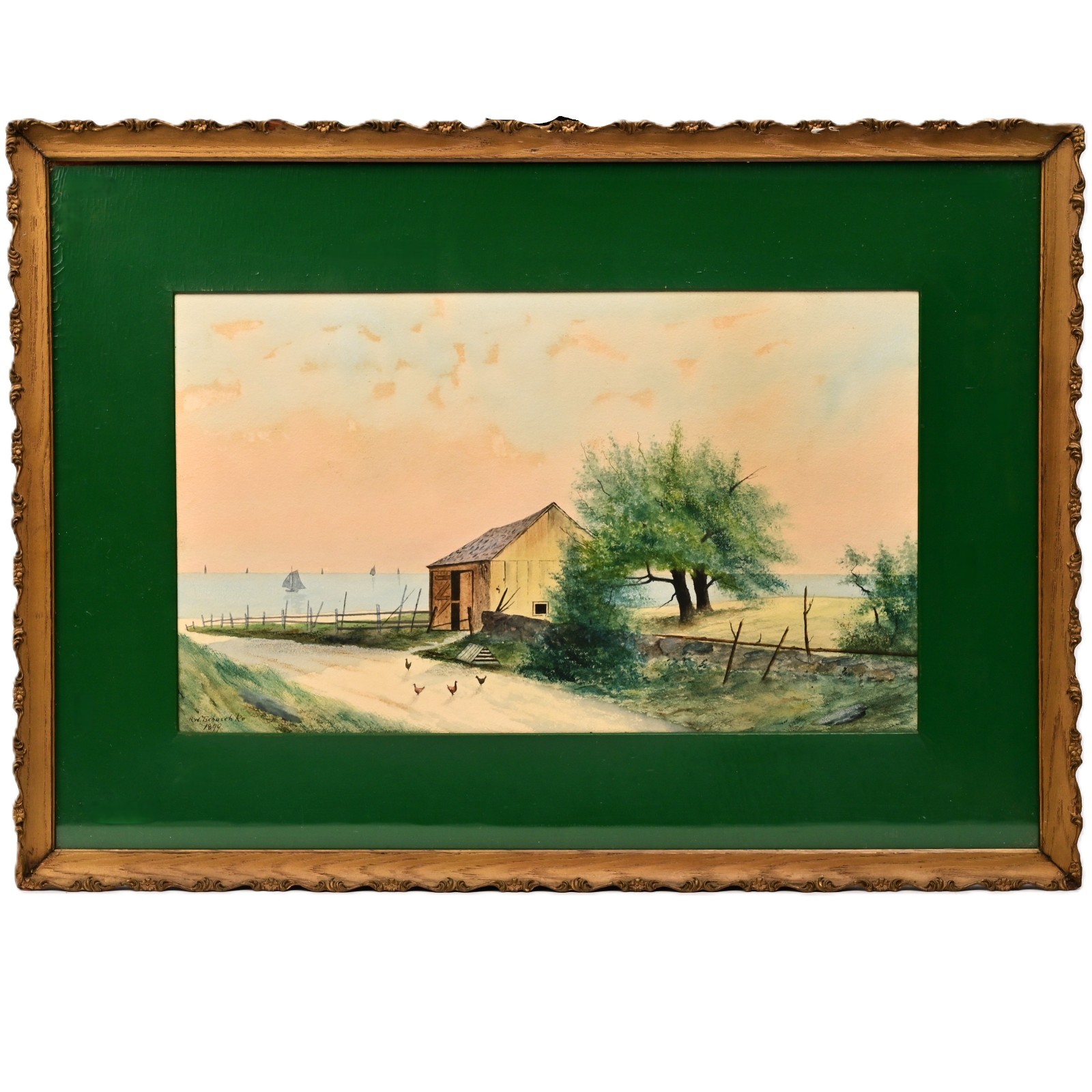 TSCHUSCHKE Original Vintage Signed 19thC House Barn Seascape Watercolor Painting