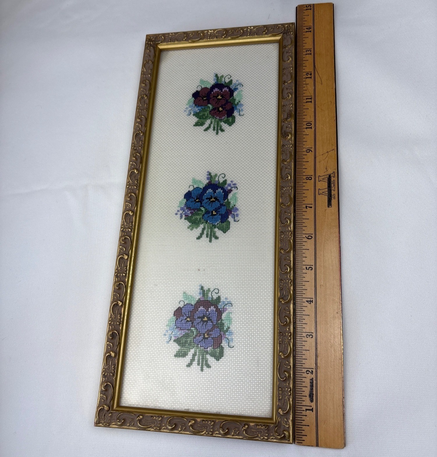 Floral Cross-Stitch Wall Art Gold Ornate Frame Trio of Pansy Flowers 14×6 Framed