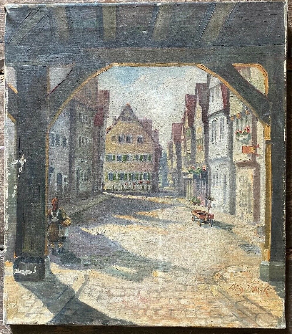 Oil painting old town gate passage who knows the place? Marketplace Willy Mack?