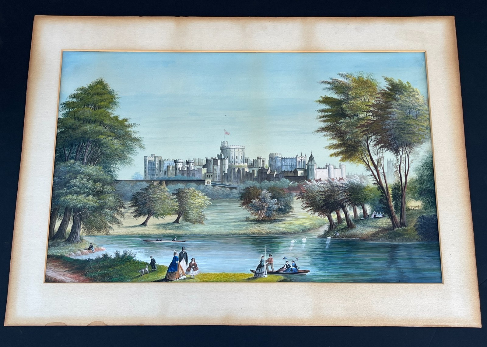 English School (19th century) «View of Windsor Castle» Watercolor Painting Paper
