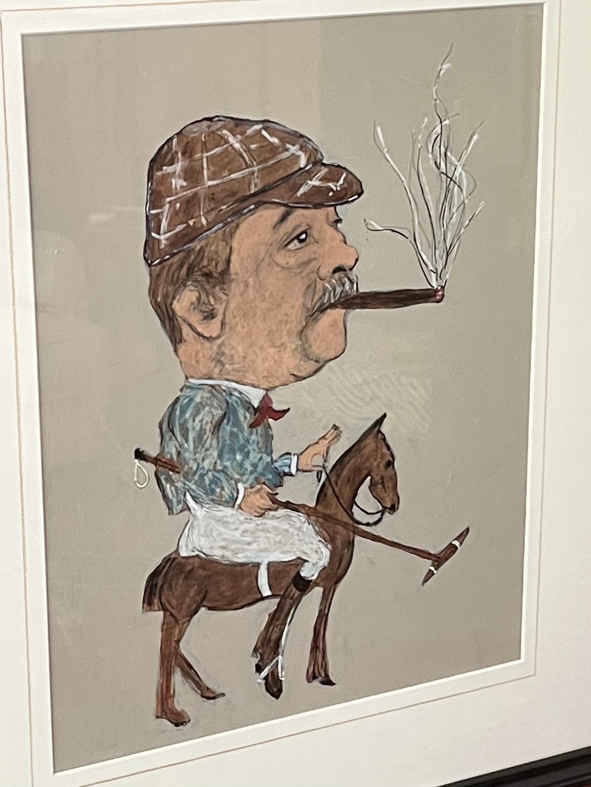 Original Polo Player Caricature Study on Board Pastel-Graphite-Gouache