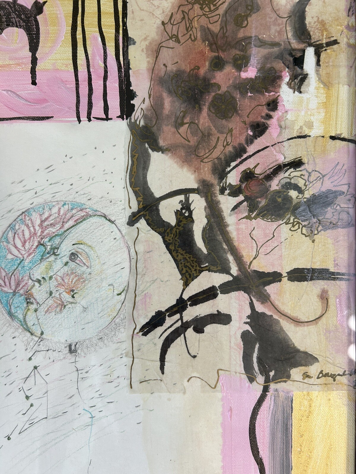 Vintage Abstract Painting Mixed Media Collage Art Framed