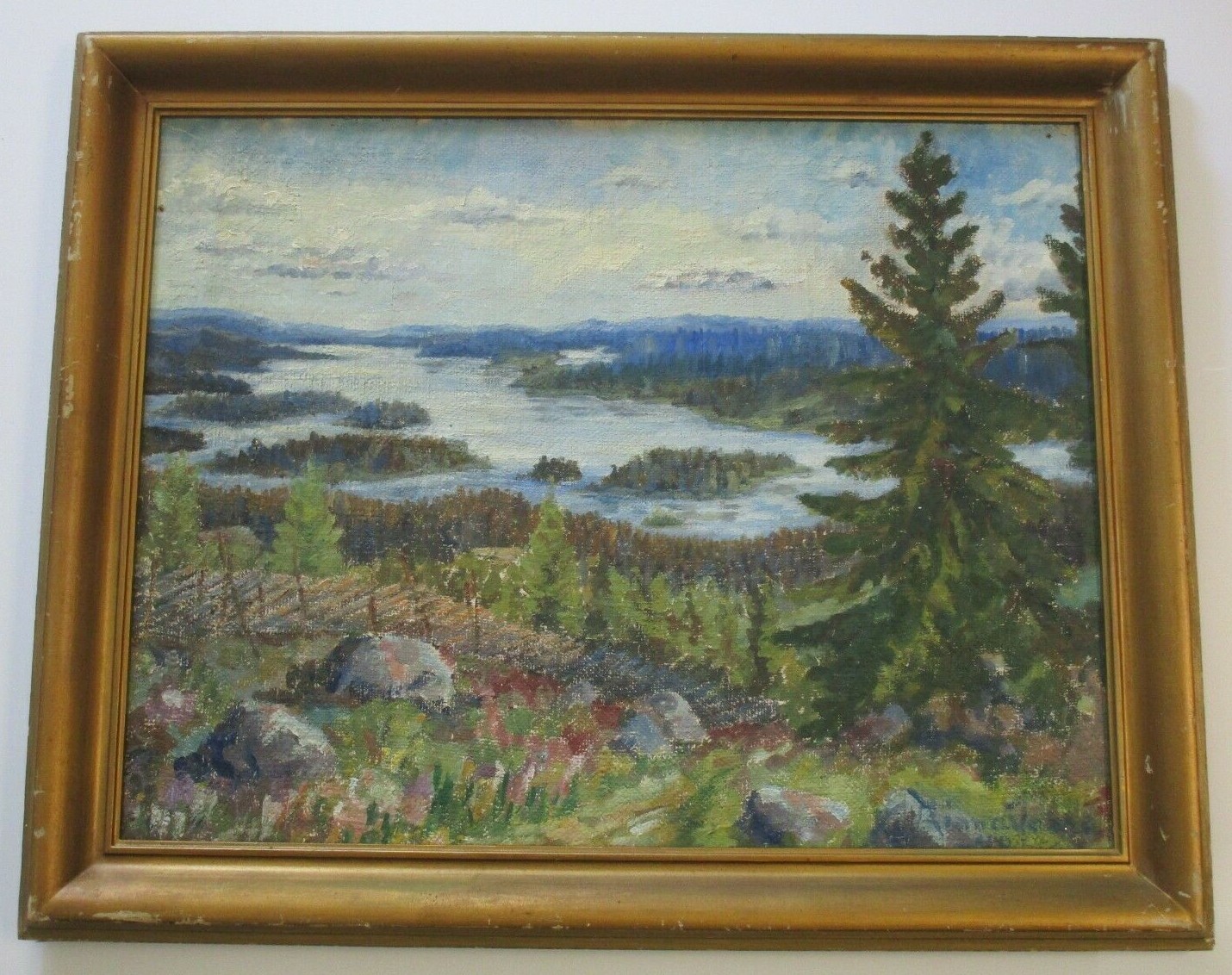 VINTAGE MOUNTAIN RANGE PAINTING IMPRESSIONISM ANTIQUE SIGNED HILL VIEW LAKE