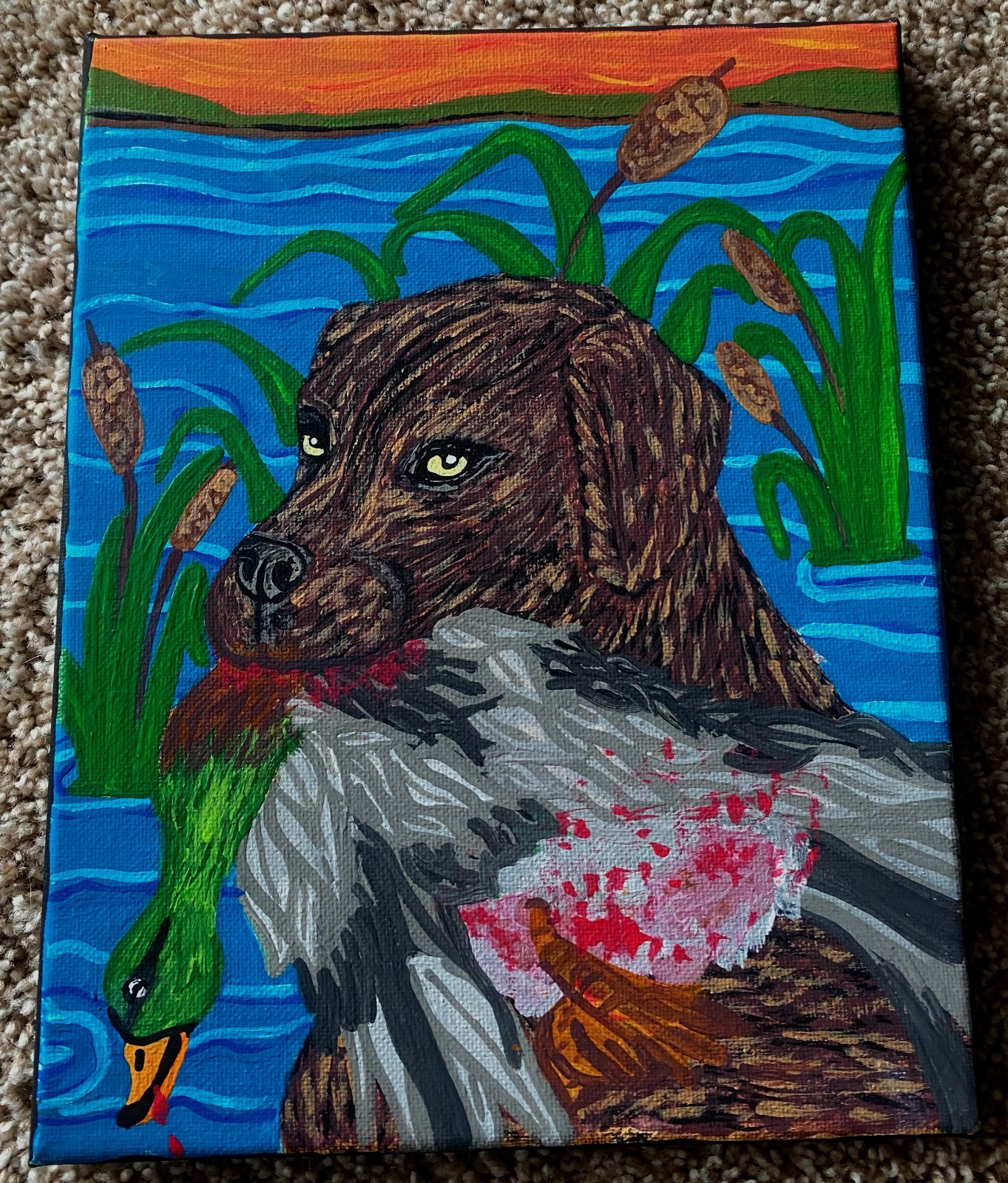 original acrylic oil painting,hunting dog,geese,oil,handmade