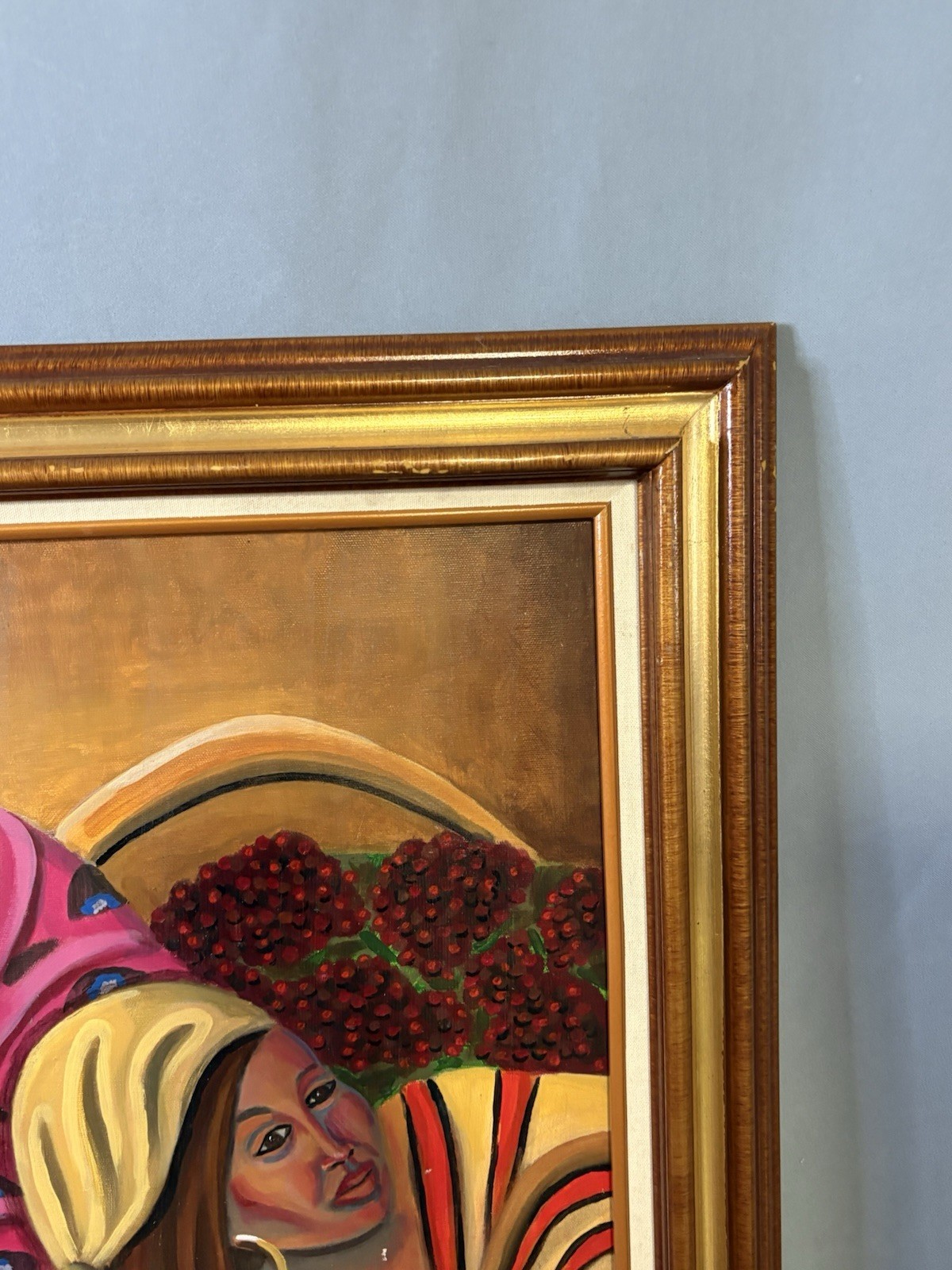 Market Harvest Women Colorful Textiles Gold Hoops Original Painting Signed Sal